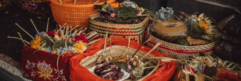 a table full of baskets of food