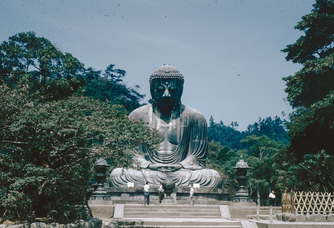 a large buddha statue sitting in the middle of a park