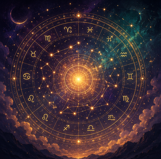 Illustration of a glowing astrological birth chart