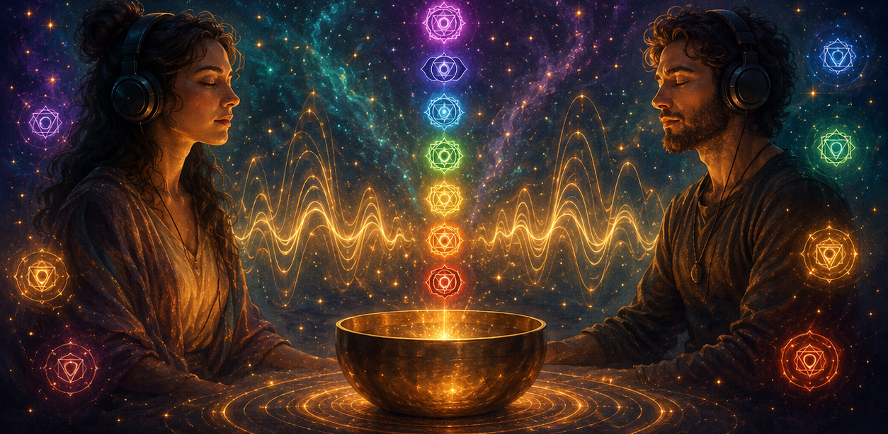 Illustration of two people meditating with headphones surrounded by chakra symbols and a Tibetan singing bowl