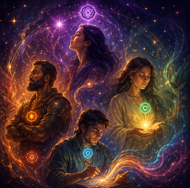 Illustration of the four astrological archetypes: the Visionary, the Healer, the Guardian, and the Creator